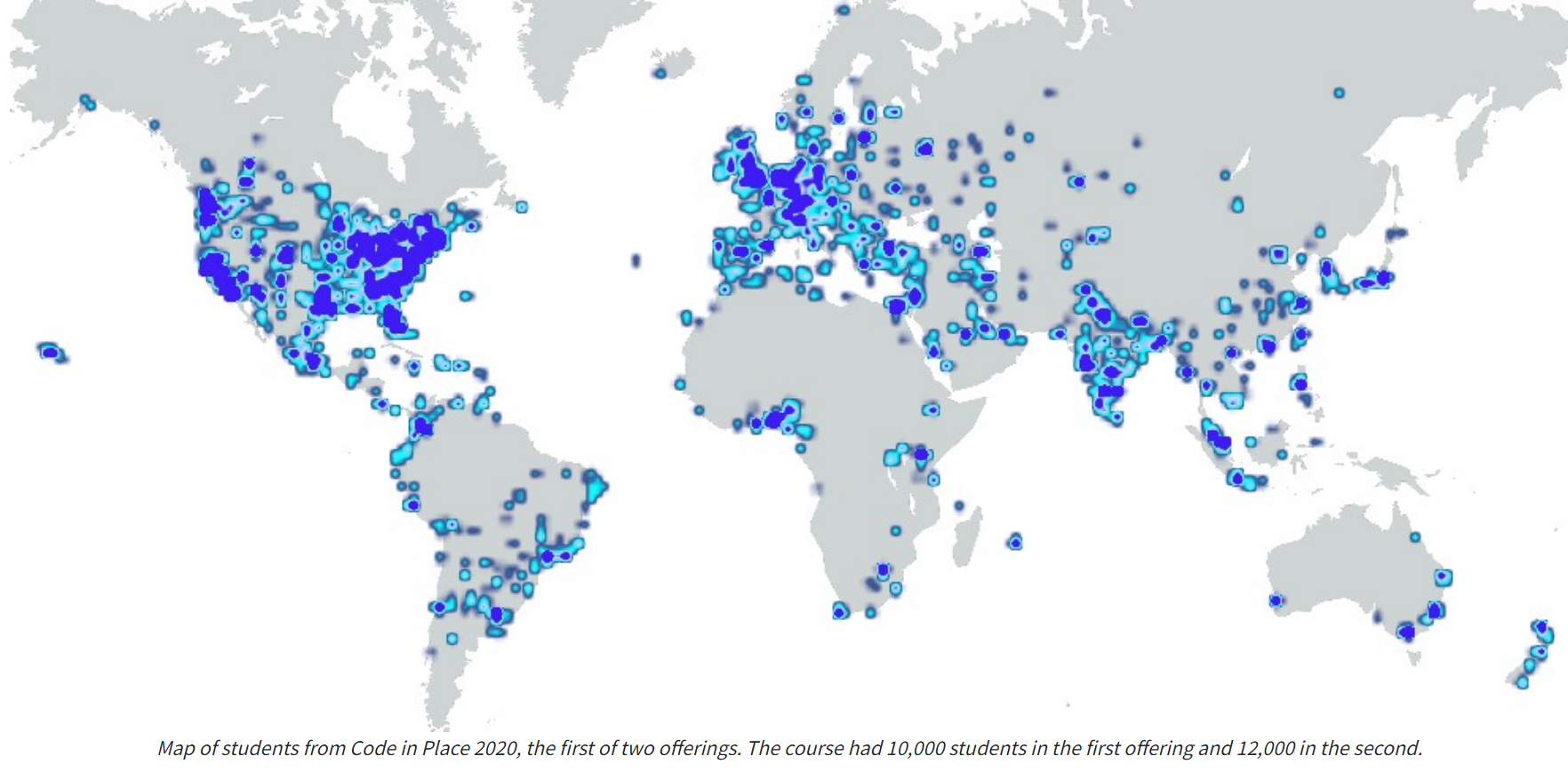 Heatmap of where students from Code in Place lived.