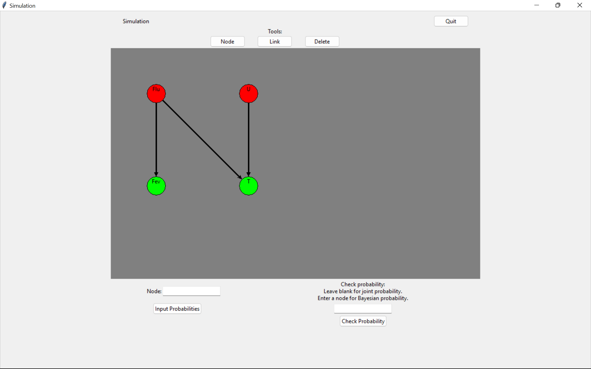 Example of the GUI representation of a simple Bayes net in the shape of an 'N'