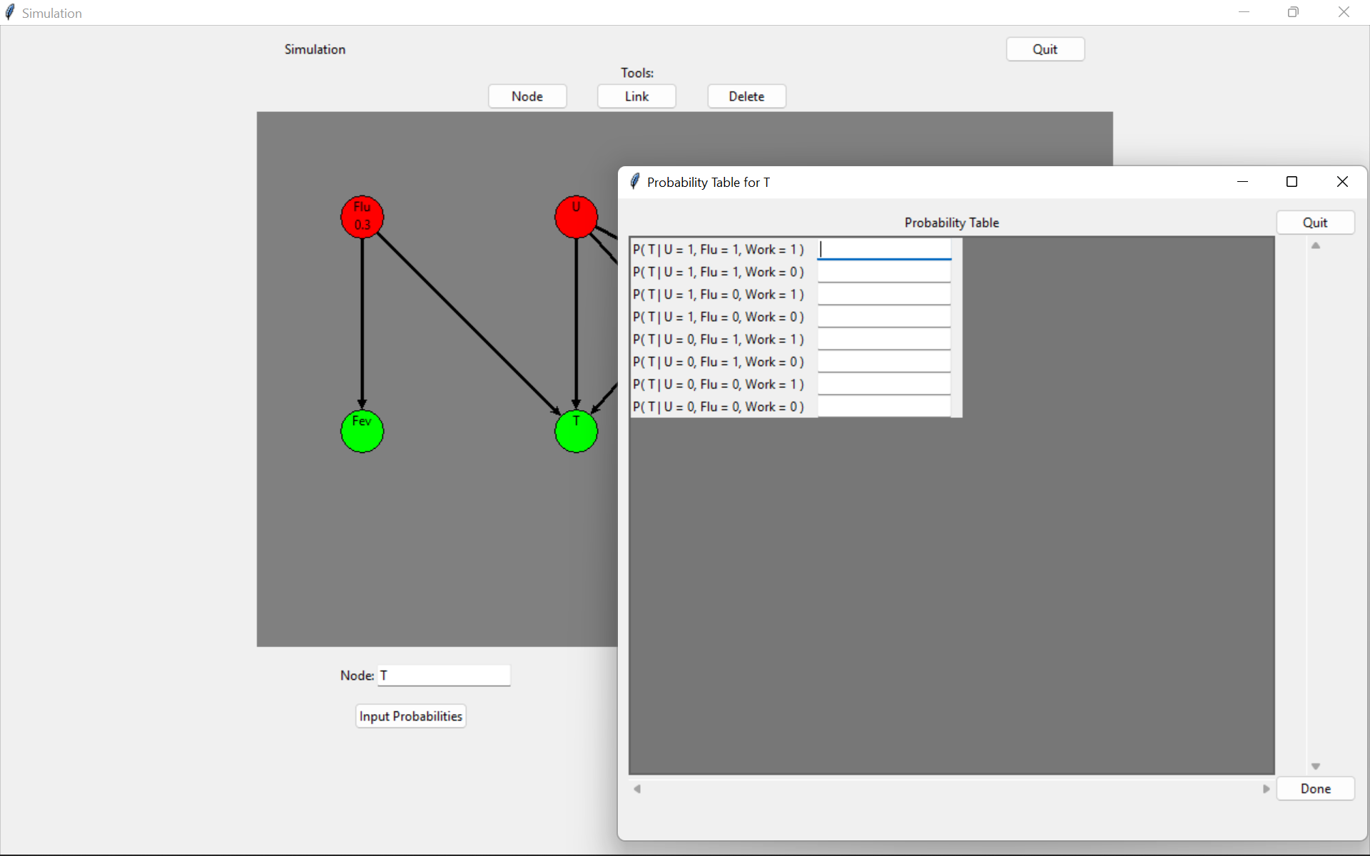 Example of inputting probabilities into the network for a child node