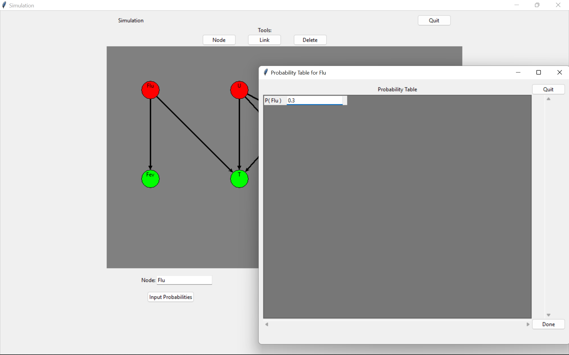 Example of inputting probabilities into the network for a parent node