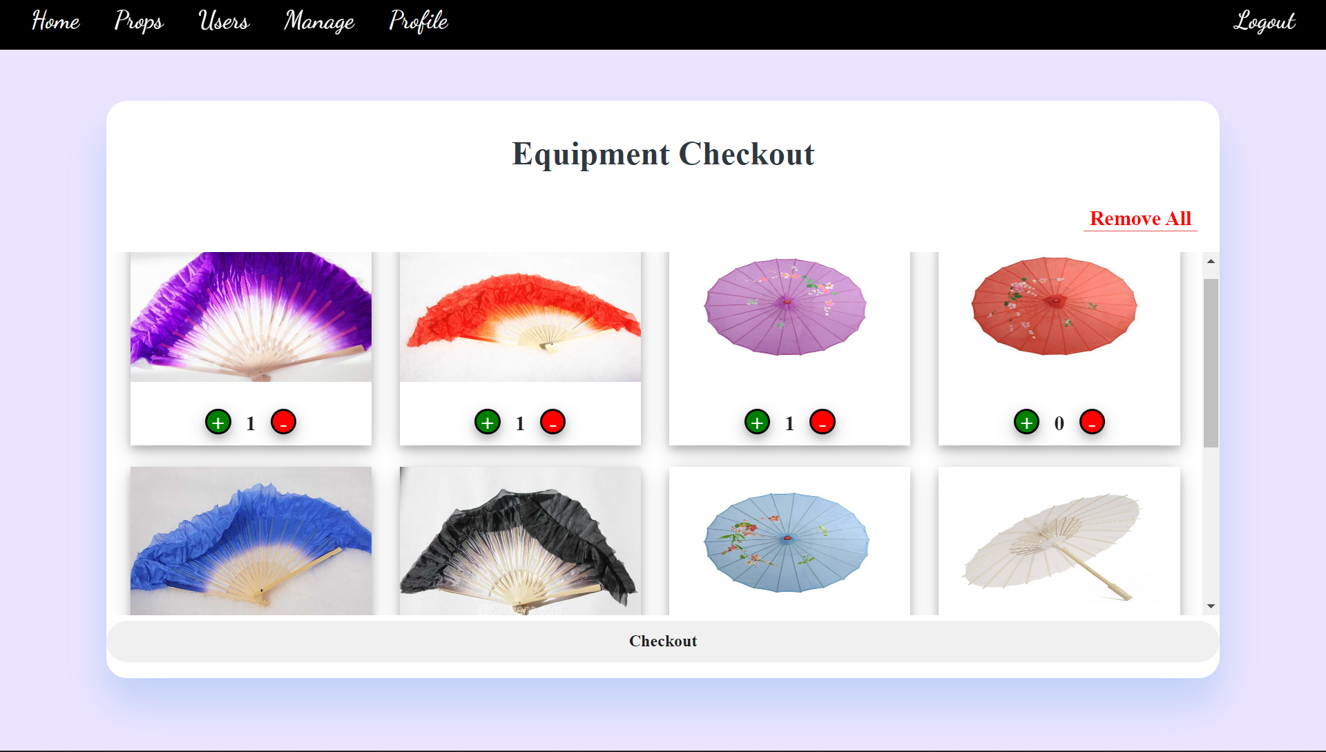 Screencap of the equipment checkout cart