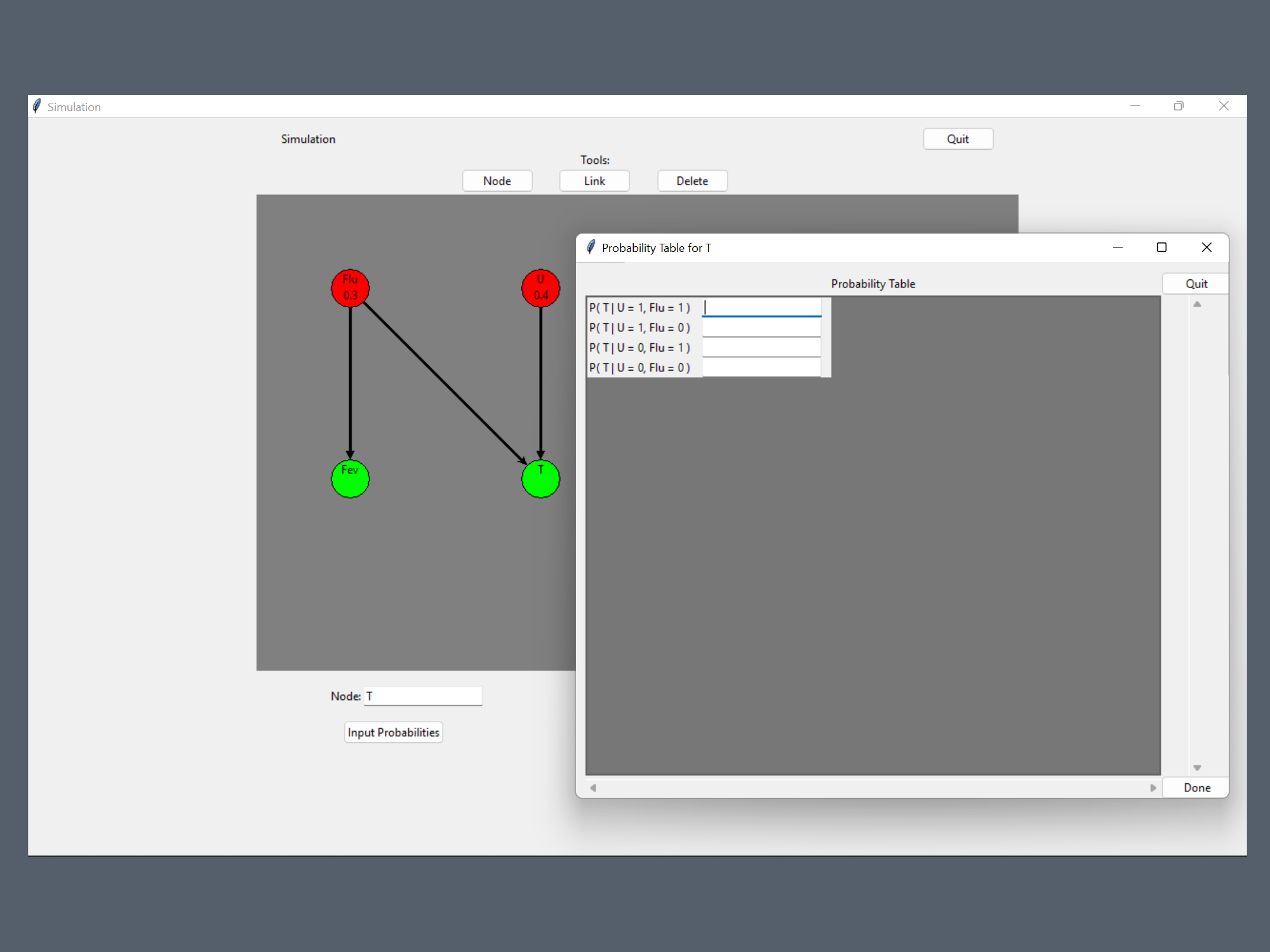 Screencap of an example usage of the Bayesian Network GUI