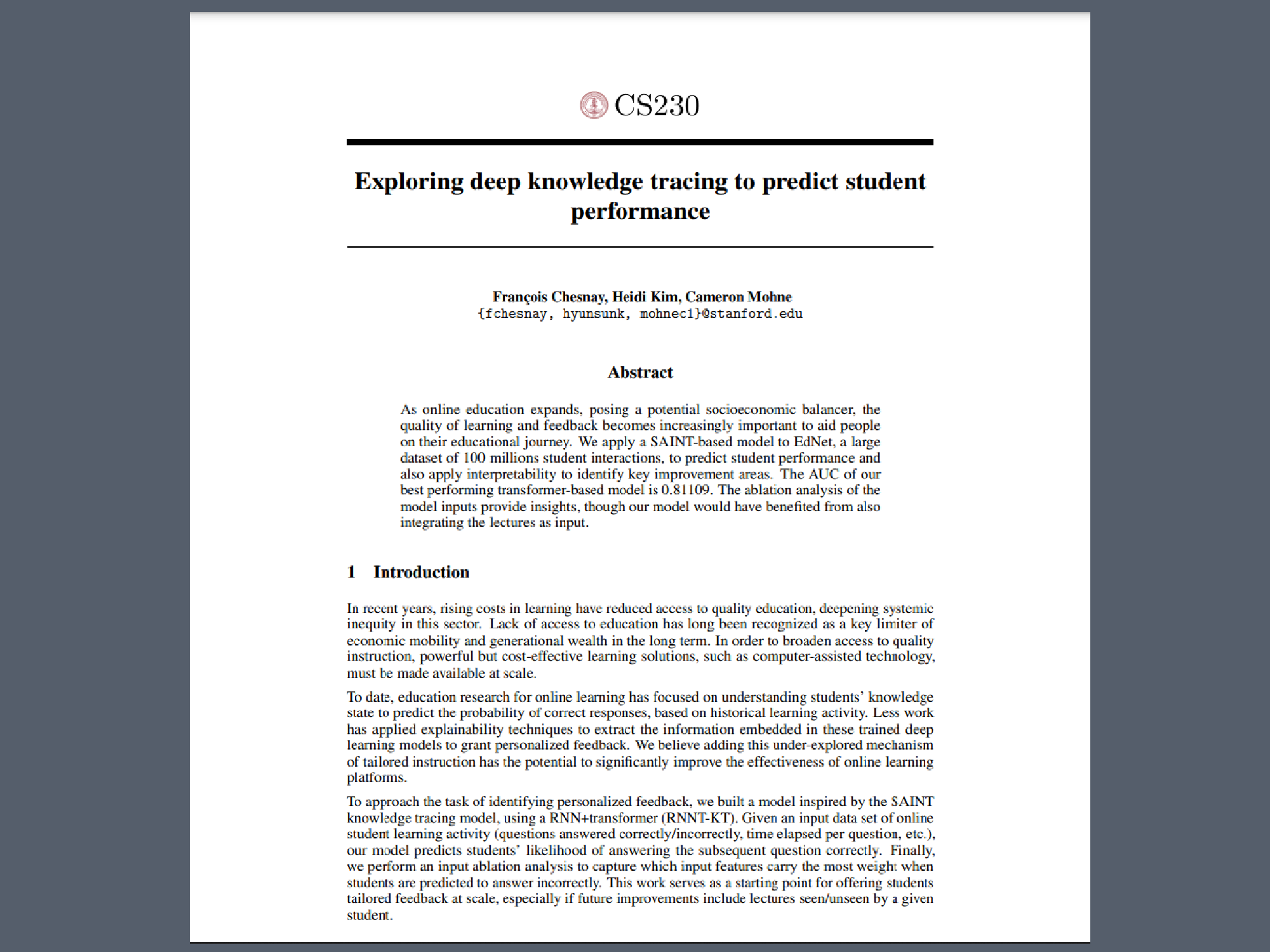 Image showcasing the front page of the Knowledge Tracing research paper