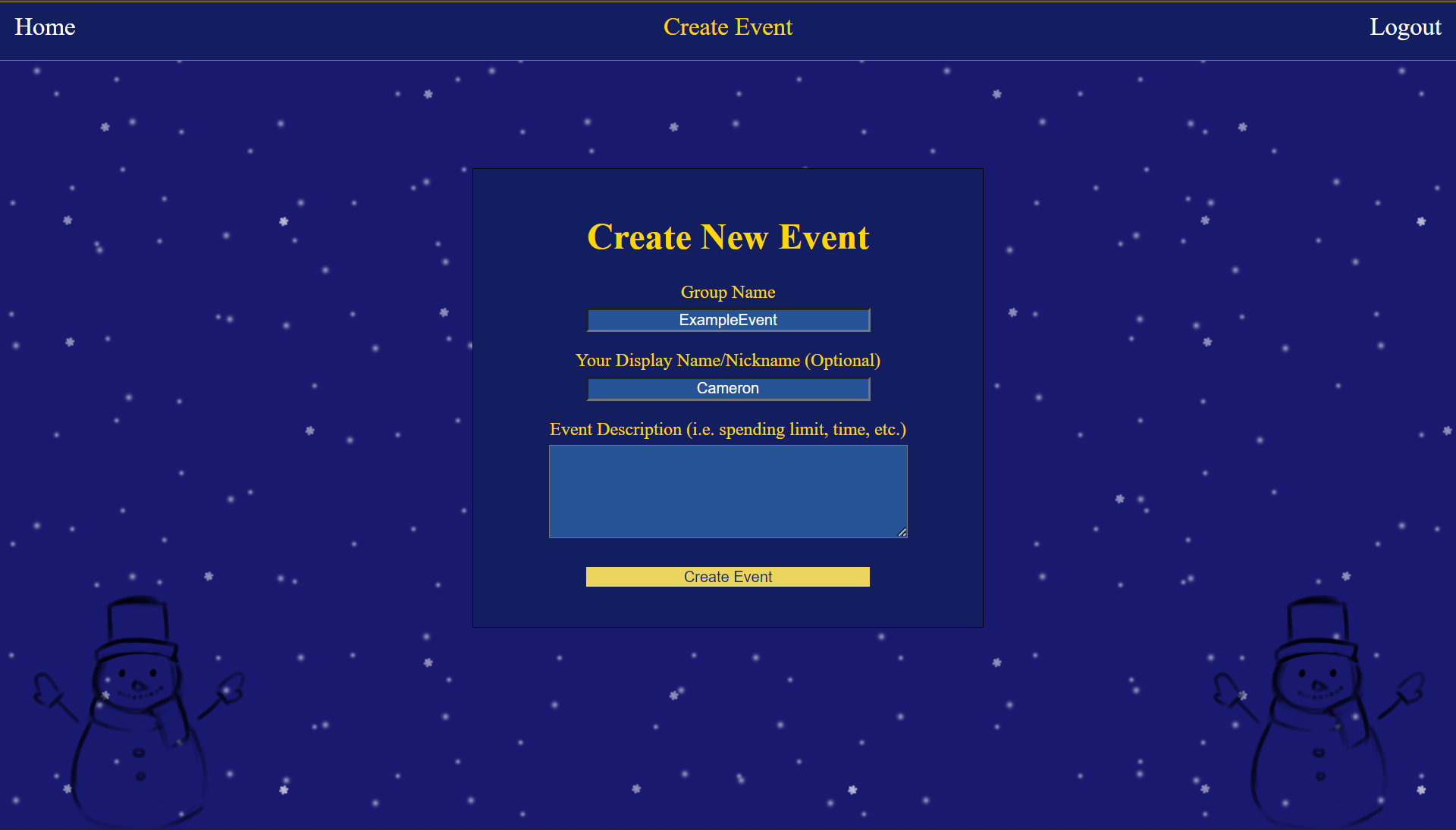 Example of what creating an event looks like in the website